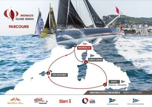 Nine IMOCAs lining up at the start of the Monaco Globe Series